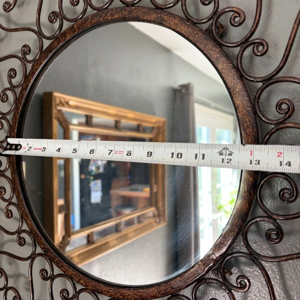 Round Wrought Iron Scrollwork Wall Mirror Bronze Heart Motif 23.5